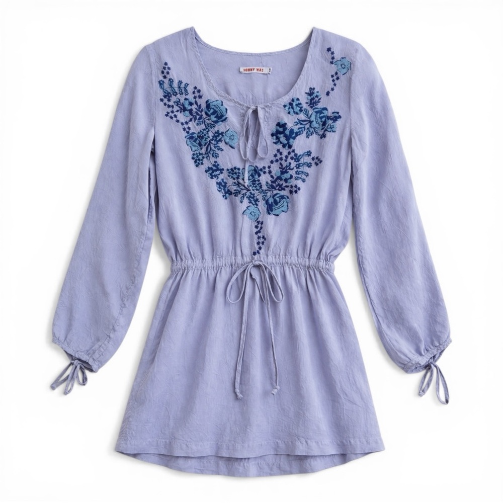 Johnny Was Biya Placement Embroidered Cupra Tunic Baby Blue Cinch Tie Waist XS